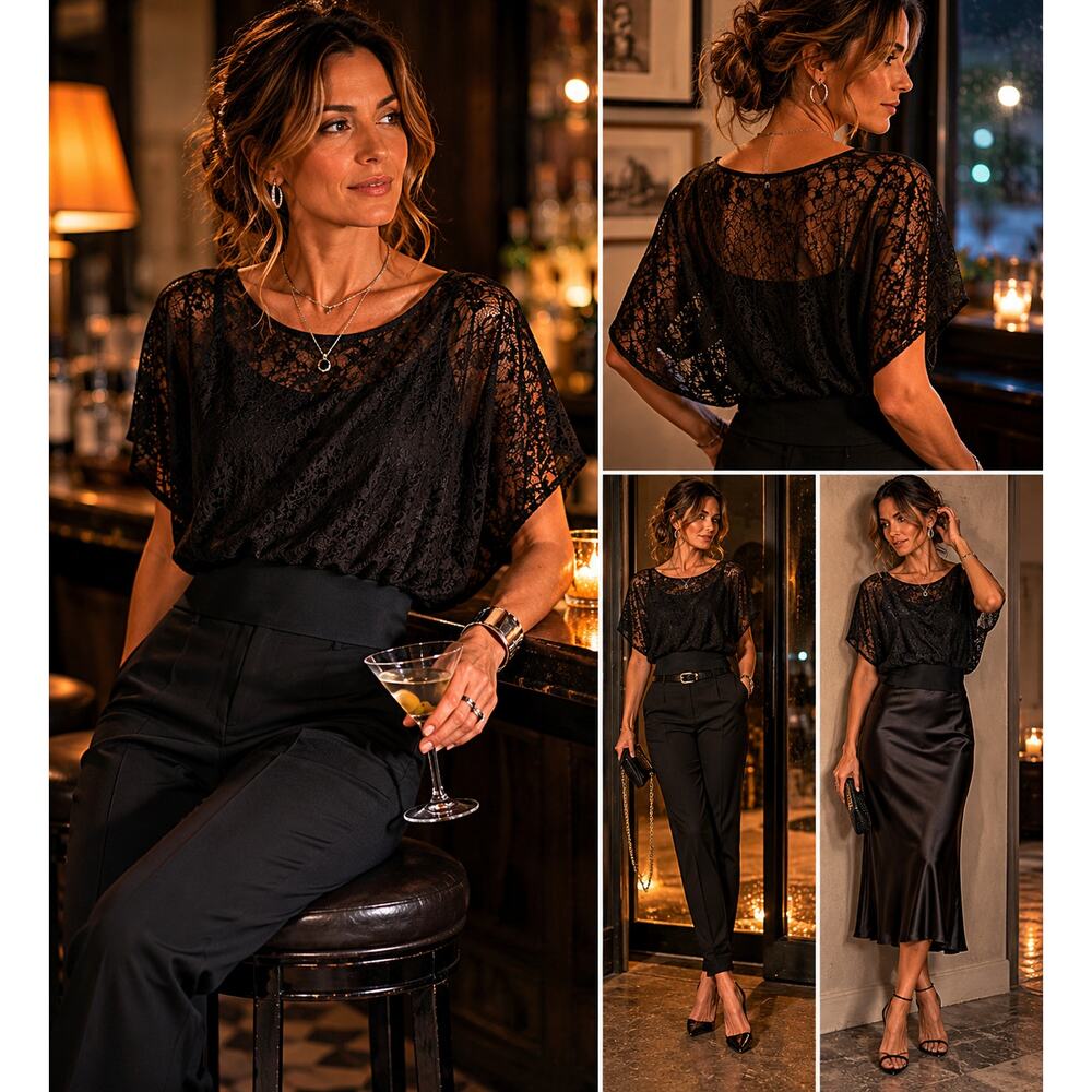 Vintage Grass Collection Black Lace Batwing Blouse Soft Goth Office Siren Small
